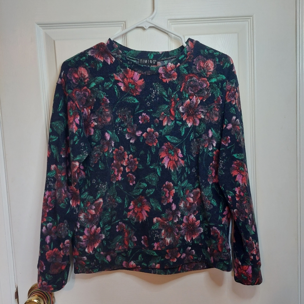Timing Red Green Floral Fleece Pullover Crewneck Sweater Cozy Soft Size S